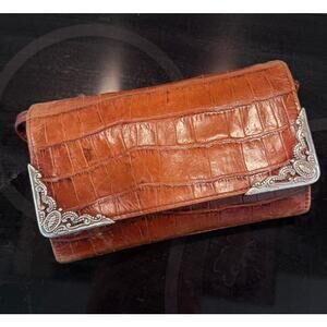 VTG Brighton Croc Embossed Leather Crossbody Wallet Purse Western Concho Brown